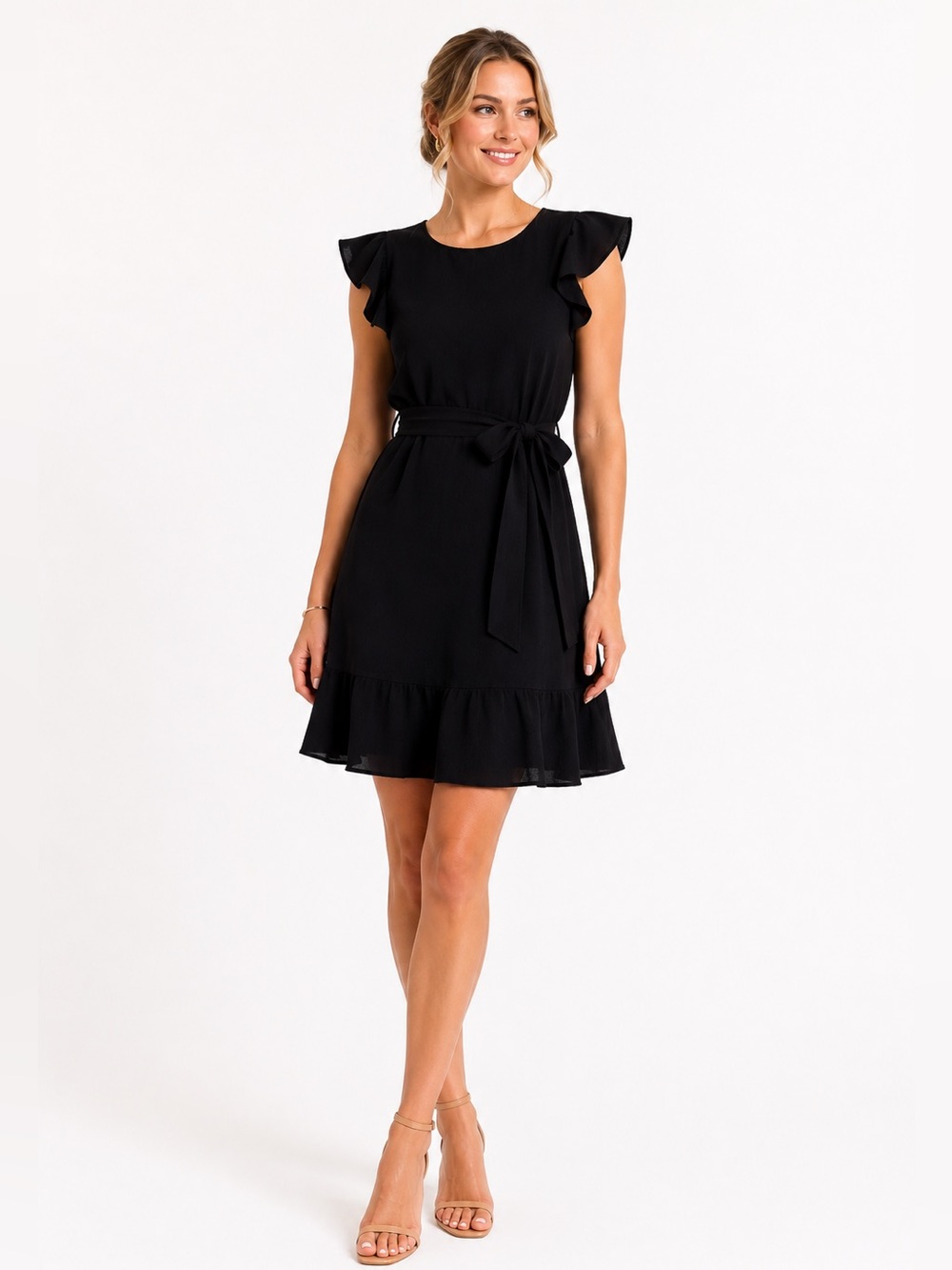 LOFT Black Flutter Sleeve Tie Waist Fit & Flare Mini Dress Size 2